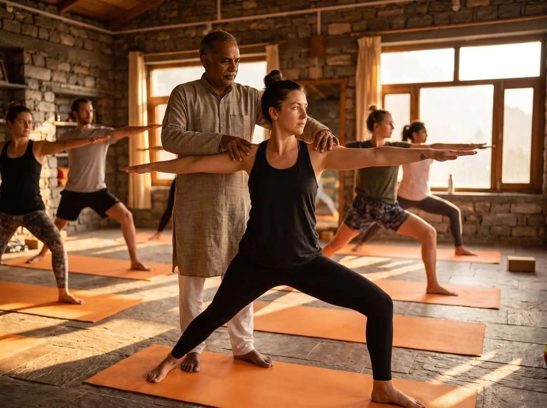 Teacher giving a hands-on alignment adjustment during asana class