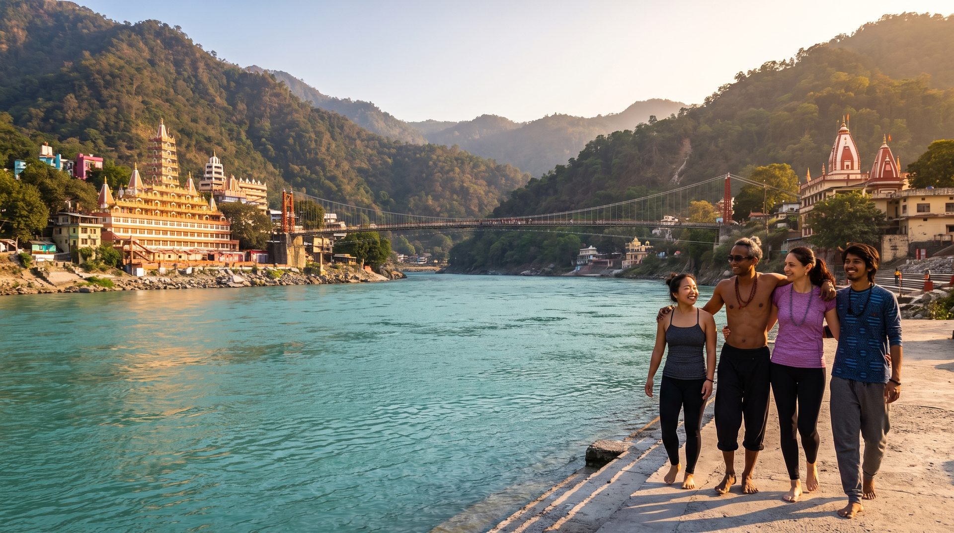 The Ganga river and Lakshman Jhula at golden hour in Rishikesh