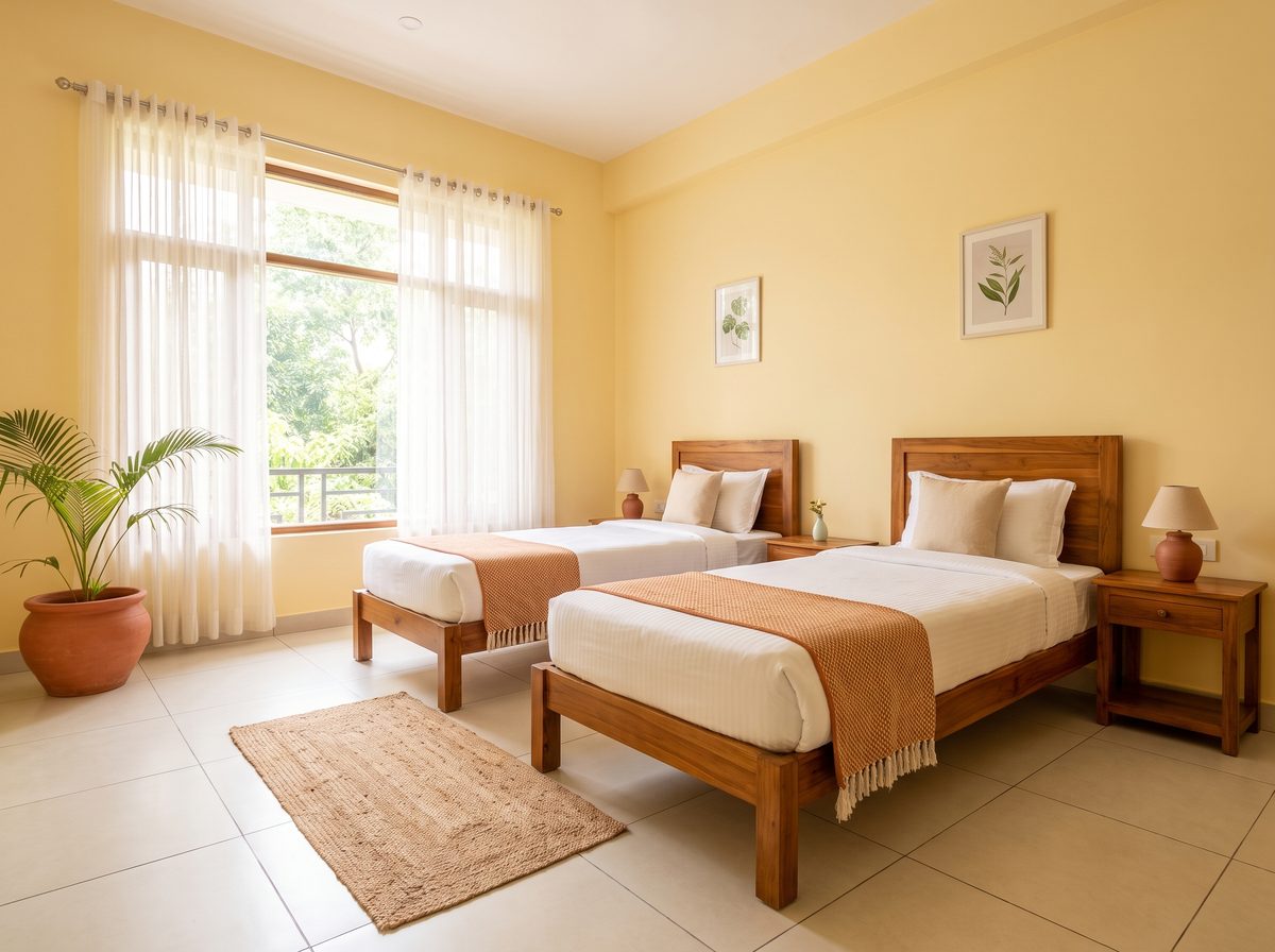 Clean twin room at the yoga school accommodation