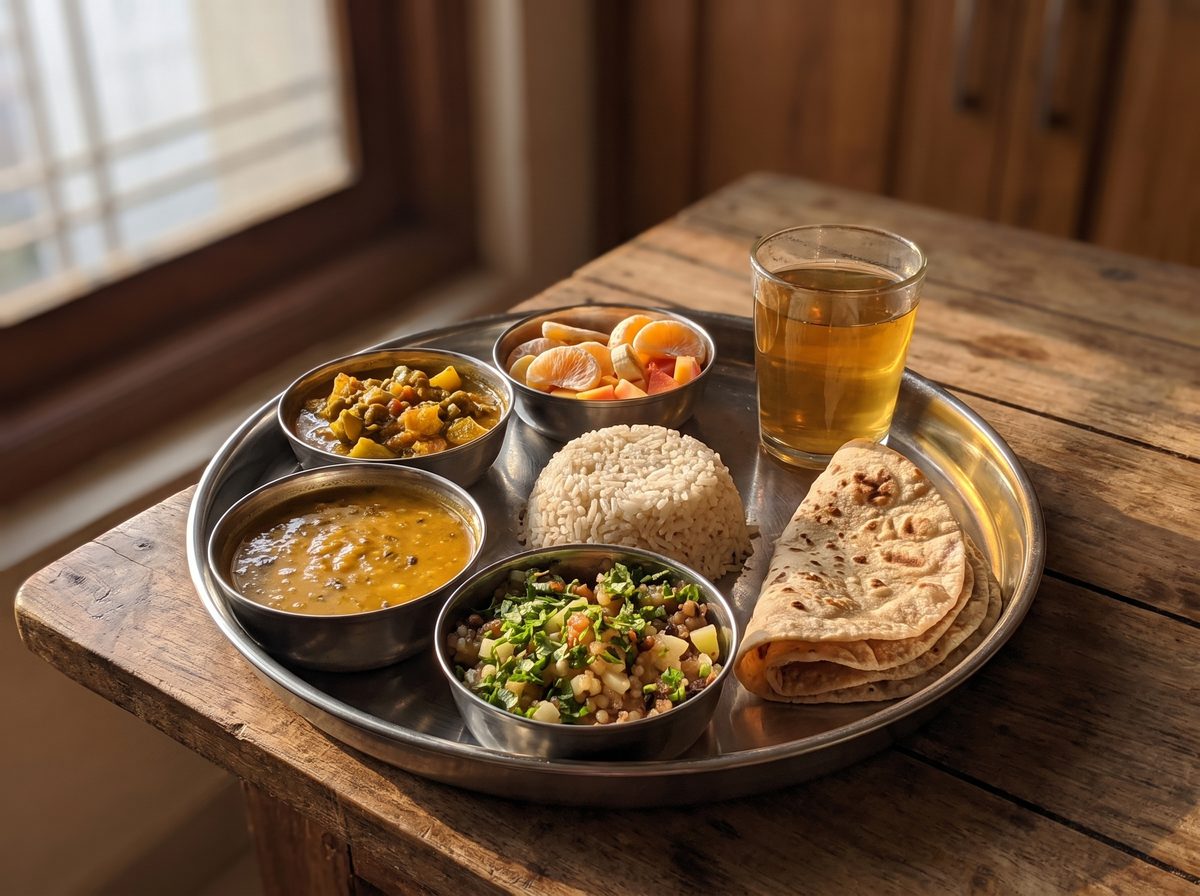 Fresh sattvic vegetarian thali at the yoga school